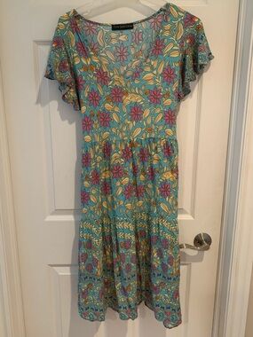 Zen Garden Teal Floral Midi Dress with Pockets